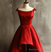 Wine Red Satin High Low Round Neckline Party Dress, Wine Red Homecoming Dress